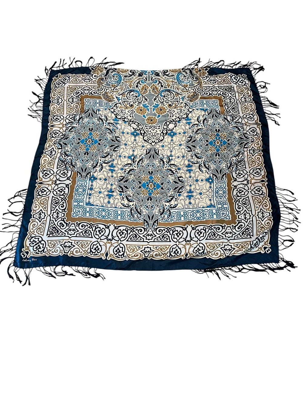 Johnny Was silk blue and tan floral medallion large scarf with fringe trim